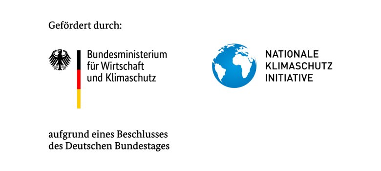 LOGO Klimaschutzförderung. Schriftzug: Gefördert durch Bundesministerium für Wirtschaft und Klimaschutz, Nationale Klimaschutzinitiative, auf Grund eines Beschlusses des Deutschen Bundestages. 