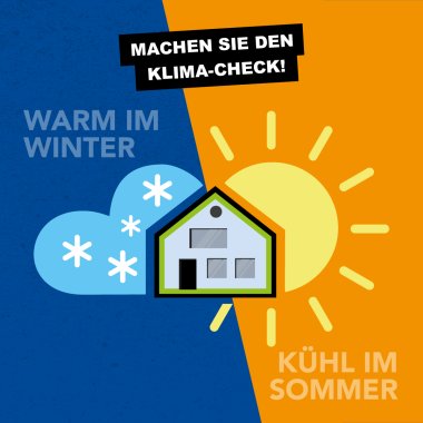 Blau Orange Feld, Darauf ein Haus mit Wolke und Sonne. Schriftzug Warm im Winter und Kühl im Sommer